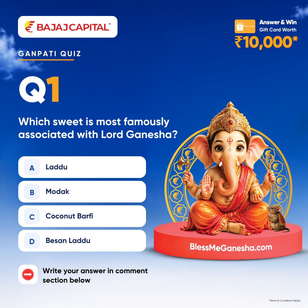 bcl_insurance's tweet photo. 🙏✨ Are you ready for the Bless Me Ganesha Ganpati Quiz Contest?

Answer the quiz, show your love for Bappa, and stand a chance to win gift cards worth ₹10,000*.

How to Participate:

Step 1: Comment below to show your interest in participating.

Step 2: Follow the link shared here to submit your entry.
https://t.co/FGVQIe5qDs

Step 3: Tag, save and repost the quiz post.

📅 Contest Window: 1 Sep 2026 – 20 Oct 2026

#BlessMeGanesha #GanpatiQuiz #ContestAlert #BajajCapital #Contest #Quiz #Giveaway