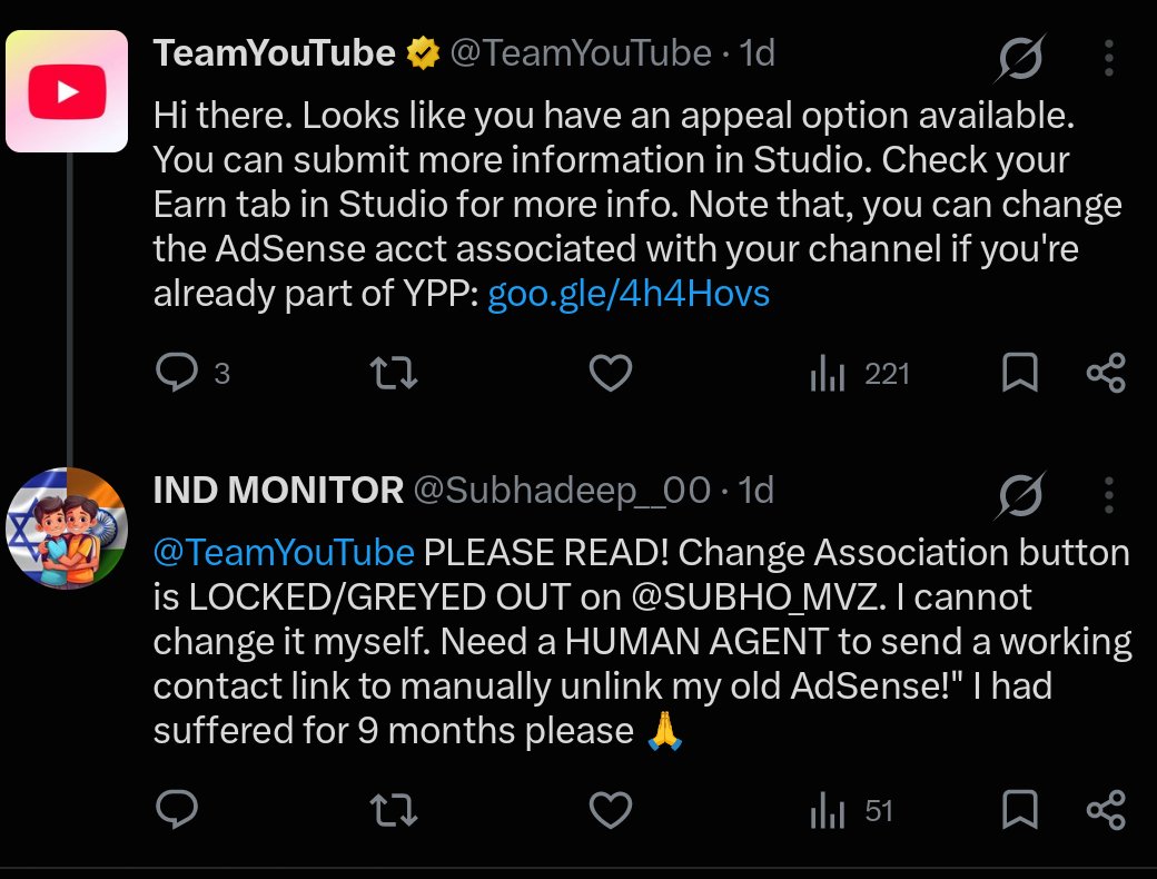 Subhadeep__00's tweet photo. @TeamYouTube Day 2: Still stuck with a locked 'Change Association' button on @SUBHO_MVZ. Chat support redirects to Studio, but the UI is completely deadlocked due to a suspended AdSense account. Channel ID: UC_3UV-WWqwq4nesJJKLoZpg. https://t.co/IBHltDdRZU