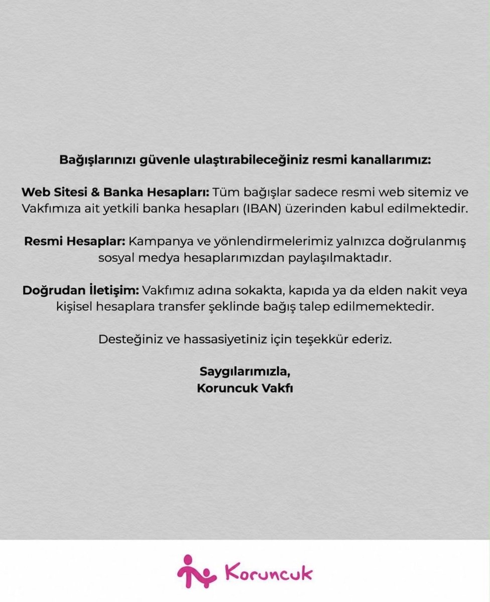 Koruncuk's tweet photo. KAMUOYUNUN DİKKATİNE

Koruncuk Vakfı olarak kız çocuklarının eğitime kesintisiz şekilde erişebilmesi için yürüttüğümüz tüm faaliyetlerde bağışçılarımızın güvenliği ve şeffaflık bizler için en temel ilkedir. https://t.co/u2qgWxsw4k