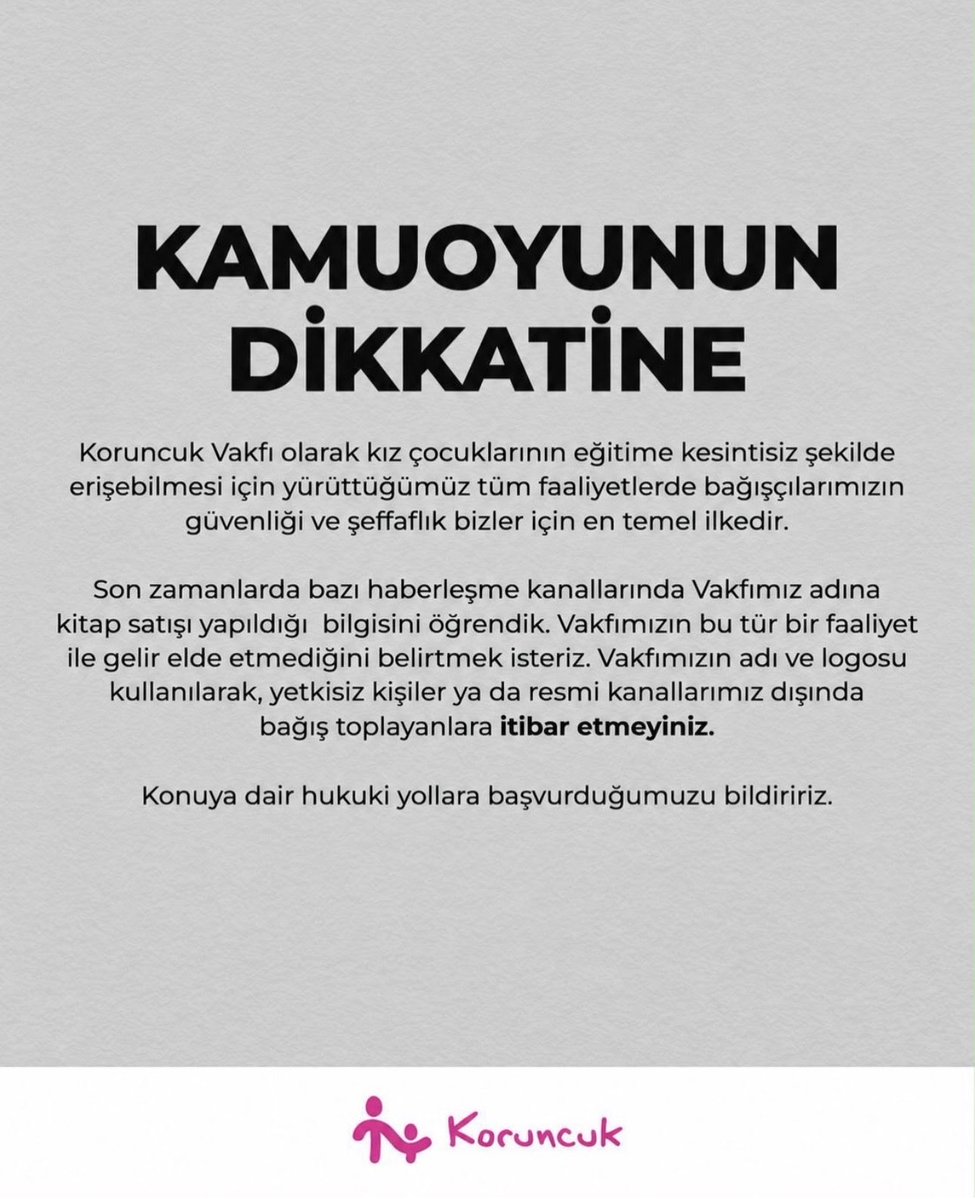 Koruncuk's tweet photo. KAMUOYUNUN DİKKATİNE

Koruncuk Vakfı olarak kız çocuklarının eğitime kesintisiz şekilde erişebilmesi için yürüttüğümüz tüm faaliyetlerde bağışçılarımızın güvenliği ve şeffaflık bizler için en temel ilkedir. https://t.co/u2qgWxsw4k
