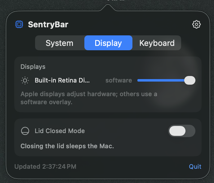 H4nif5's tweet photo. Building a small macOS utility for my MacBook lately.

🌡️ Fan control 
🔋 Battery health 
☀️ External Monitor brightness control 
💻 Keep Mac awake with the lid closed 
⌨️ Disable keyboard when cleaning

all in one app

https://t.co/3VGMurLba0

#macos https://t.co/DGSxV5MVOD