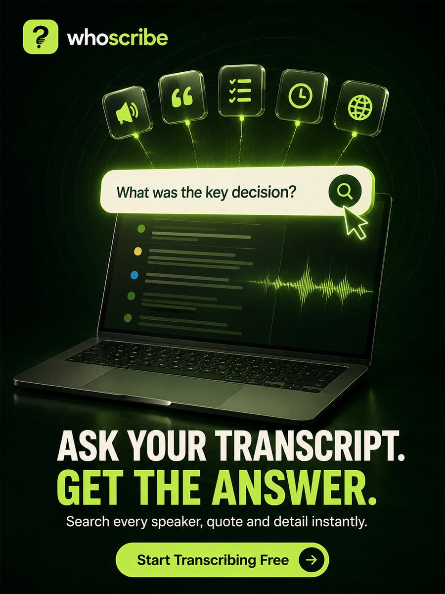 Whoscribe_ai's tweet photo. Don’t listen to the entire recording again. Ask a better question.

Use WhoScribe to uncover key decisions, action items and important details directly from your transcript—without endless replaying.
Your recording has the answer. WhoScribe helps you find it.

#WhoScribe https://t.co/x7aVdQRVd0