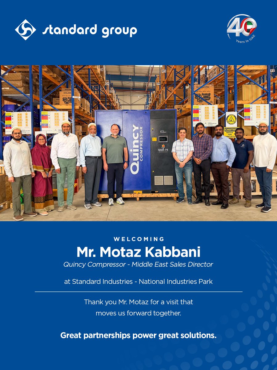 pumpsglobal's tweet photo. Great to host Mr. Motaz Kabbani, Middle East Sales Director at @QuincyComp , at our Standard Group facility in National Industries Park, Dubai, strengthening our partnership and exploring the region's evolving compressed-air needs.
More to come. 🤝
#StandardGroup https://t.co/k3FnSlfAiR