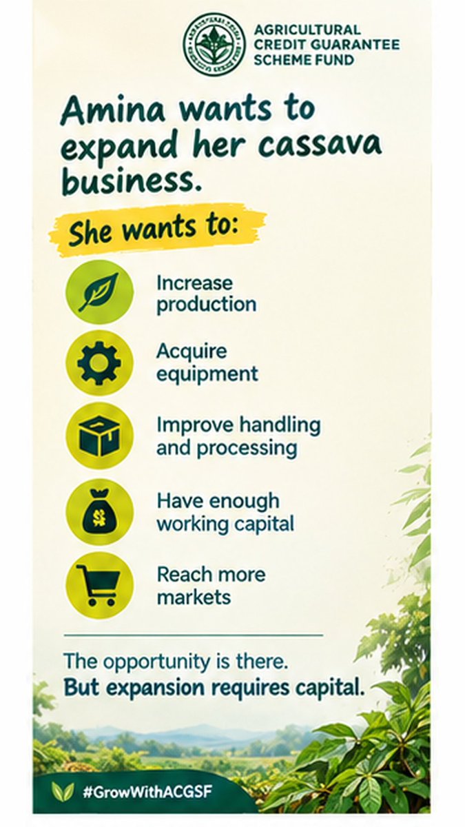 ACGSFNG's tweet photo. Meet Amina.
She’s a cassava farmer with customers, experience, and plans to grow.
But growth needs capital, equipment, working capital, and better market access. So, she approaches a financial institution for credit. Then comes the question: How do we manage the risks of lending? https://t.co/rswIcjWLBu