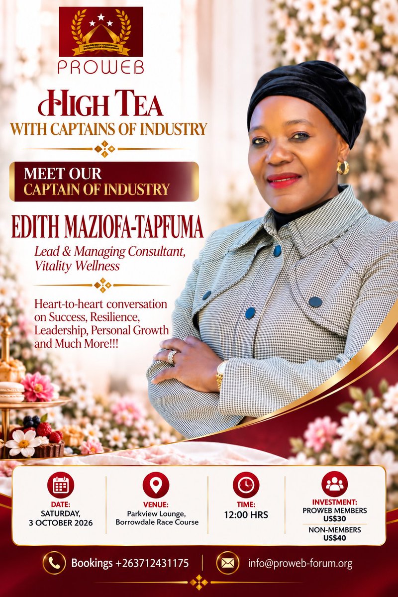 PROWEB2005's tweet photo. ✨ Introducing Another of Our Captains of Industry

Edith Maziofa-Tapfuma, Lead &amp; Managing Consultant, Vitality Wellness

✨ Be in the room. Hear the journey. Take away the lessons.

📌 Register now: https://t.co/k6taUfsREV

📞 +263 712 431 175 | ✉️ info@proweb-forum.org https://t.co/DnDTrMogrF
