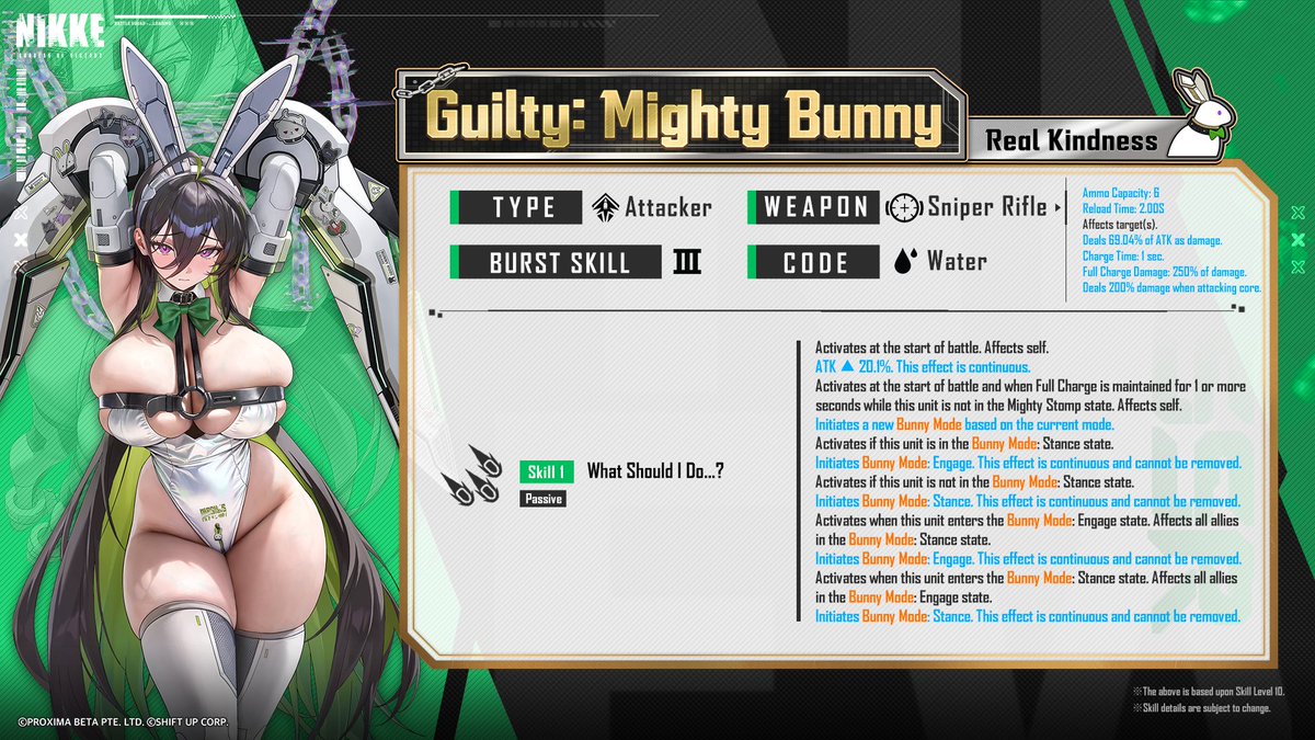 NIKKE_en's tweet photo. 【NIKKE Motion Demonstration and Skill Introduction】

Guilty: Mighty Bunny uses SR: Rumble Stomper.

Guilty: Mighty Bunny is an Attacker who enhances her own offensive capabilities to strike down enemies.
When using her Burst Skill, she deals massive damage with a powerful blow.

Check out Guilty: Mighty Bunny's skills below!

※Skill level is valued as 10.
※There is a possibility that the skills may be changed in the future.
※This recording was made in a test environment. Please refer in-game for the most accurate version.

#GuiltyMightyBunny