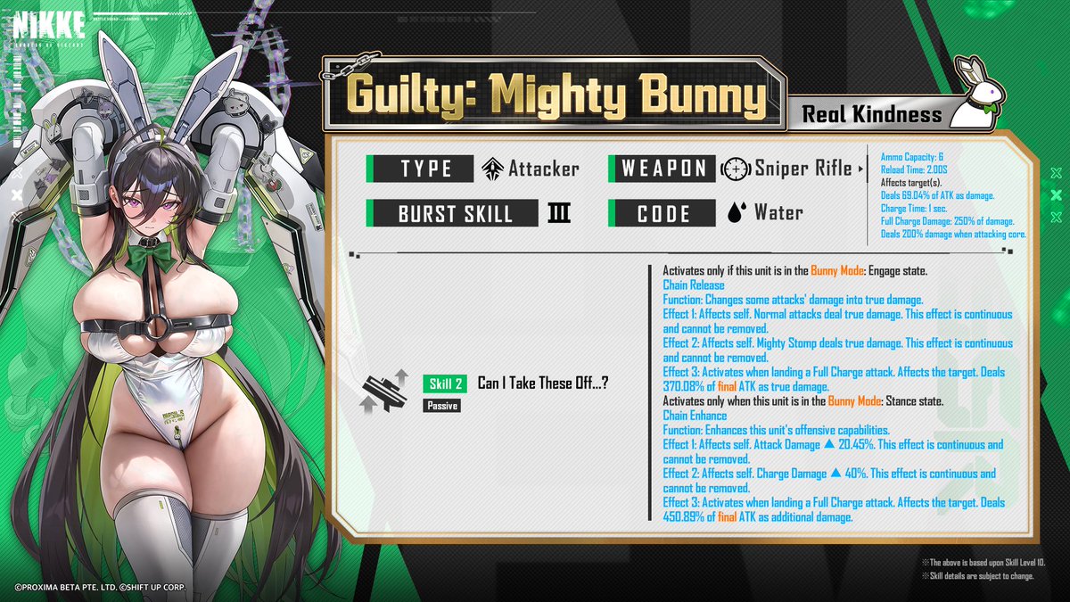 NIKKE_en's tweet photo. 【NIKKE Motion Demonstration and Skill Introduction】

Guilty: Mighty Bunny uses SR: Rumble Stomper.

Guilty: Mighty Bunny is an Attacker who enhances her own offensive capabilities to strike down enemies.
When using her Burst Skill, she deals massive damage with a powerful blow.

Check out Guilty: Mighty Bunny's skills below!

※Skill level is valued as 10.
※There is a possibility that the skills may be changed in the future.
※This recording was made in a test environment. Please refer in-game for the most accurate version.

#GuiltyMightyBunny