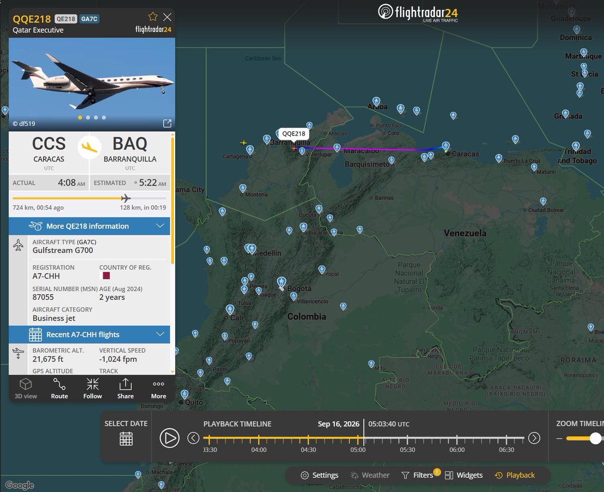 Flightwatcher1's tweet photo. Qatar Executive G700
Vuelo: QE218
Matrícula: A7-CHH
Hex: #06a36f
Desde Bodrum🇹🇷 con escala en Argel🇩🇿, Maiquetía🇻🇪 y sigue a Barranquilla🇨🇴. Previo a Bodrum, estuvo en Londres(Luton)🇬🇧.
#Venezuela #Algeria #Turquia #Colombia #UK https://t.co/W4nTP6Ss5a