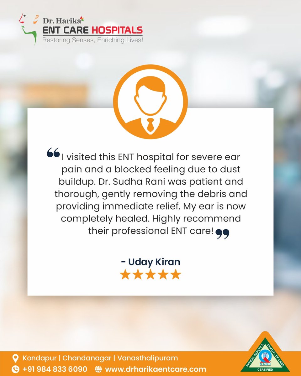 EntHarika's tweet photo. Thank you, Uday Kiran, for sharing your positive experience with Dr. Harika ENT Care Hospitals. Your trust motivates us to continue providing compassionate and professional ENT care.

#DrHarikaENTCare #ENTCare #PatientReview https://t.co/v8U8rNvHPv