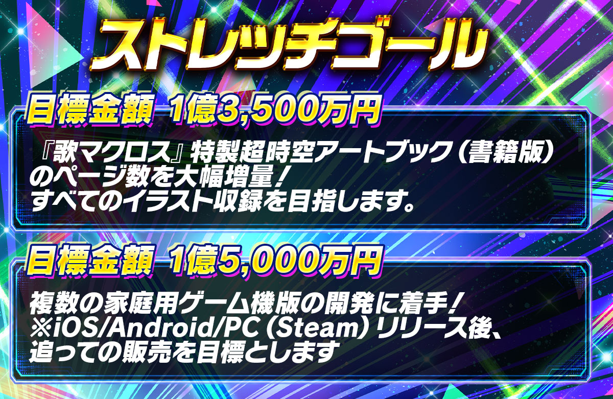 uta_macross's tweet photo. 【ストレッチゴール第二弾決定！】
『#歌マクロス』復活プロジェクトへの
予想を大幅に上回るペースでの1億円達成を受けて、さらなるストレッチゴール追加します！

より一層多くの方に『歌マクロス』をお届けできるよう、引き続きがんばっていきます！

https://t.co/HeqmPRich6

 #utamacross https://t.co/EUm8I0OjjA