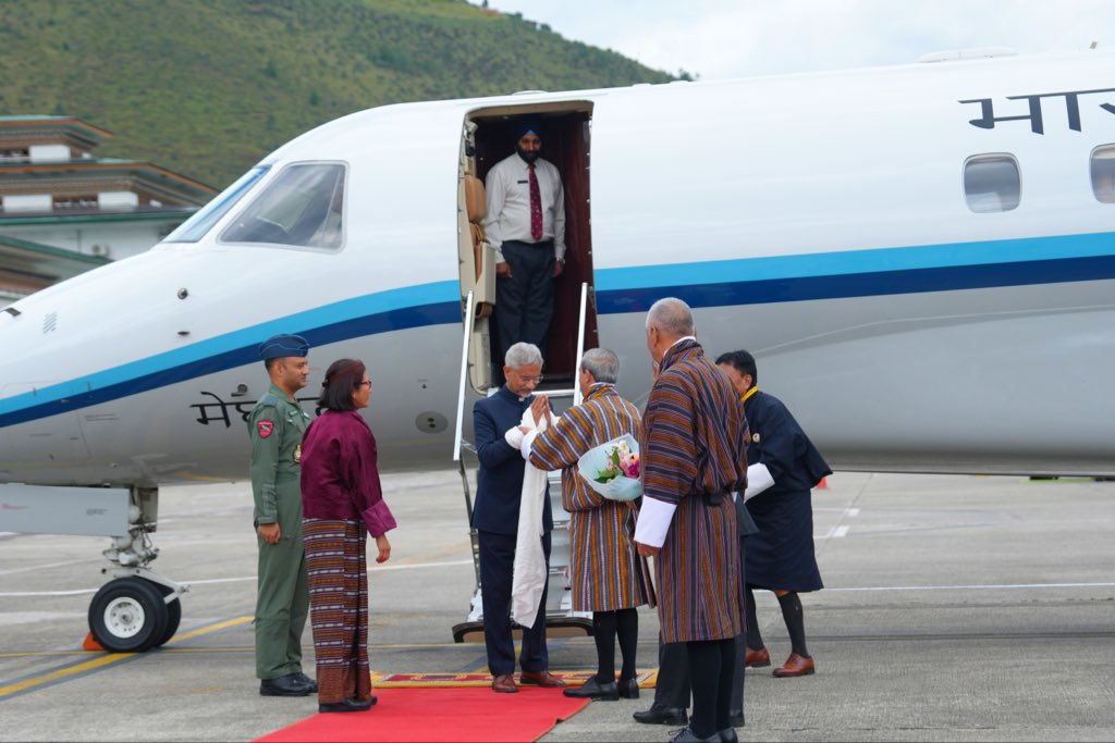 DrSJaishankar's tweet photo. Kuzuzangpo la Bhutan! 

Delighted to arrive in Paro today. Thank Lyonpo D. N Dhungyel @FMBhutan for the warm welcome. 

Look forward to my engagements to advance our unique ties of friendship. 

🇮🇳 🇧🇹 https://t.co/Zb7zI8pIMG