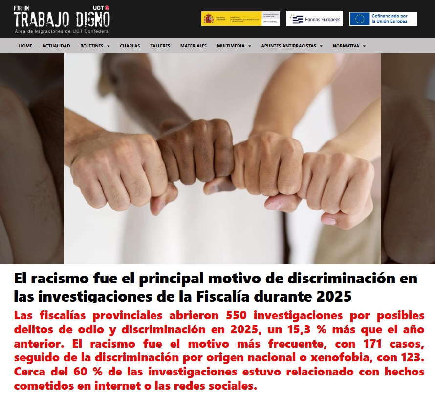 ugtmigraciones's tweet photo. ⚠️La Fiscalía abrió 550 investigaciones por posibles #DelitosDeOdio y discriminación en 2025, un 15,3 % más que en 2024.

📌El racismo fue el principal motivo. 
📌El 60 % de los casos se produjo en internet o redes.

 🔗https://t.co/diGSjQOxKe

#IMGIA
@fiscal_es @flujandefrias https://t.co/FzdDgNCPMr