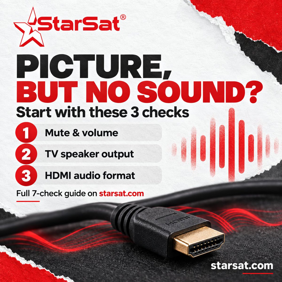 StarSatIntl's tweet photo. HDMI picture but no sound? 🔇 Check mute, TV speaker output and audio compatibility before changing your setup. Our seven-check StarSat guide covers channels, cables and more: https://t.co/0V8MGqOQ9B #StarSat #HDMI #TechTips https://t.co/ngS38MtyjT