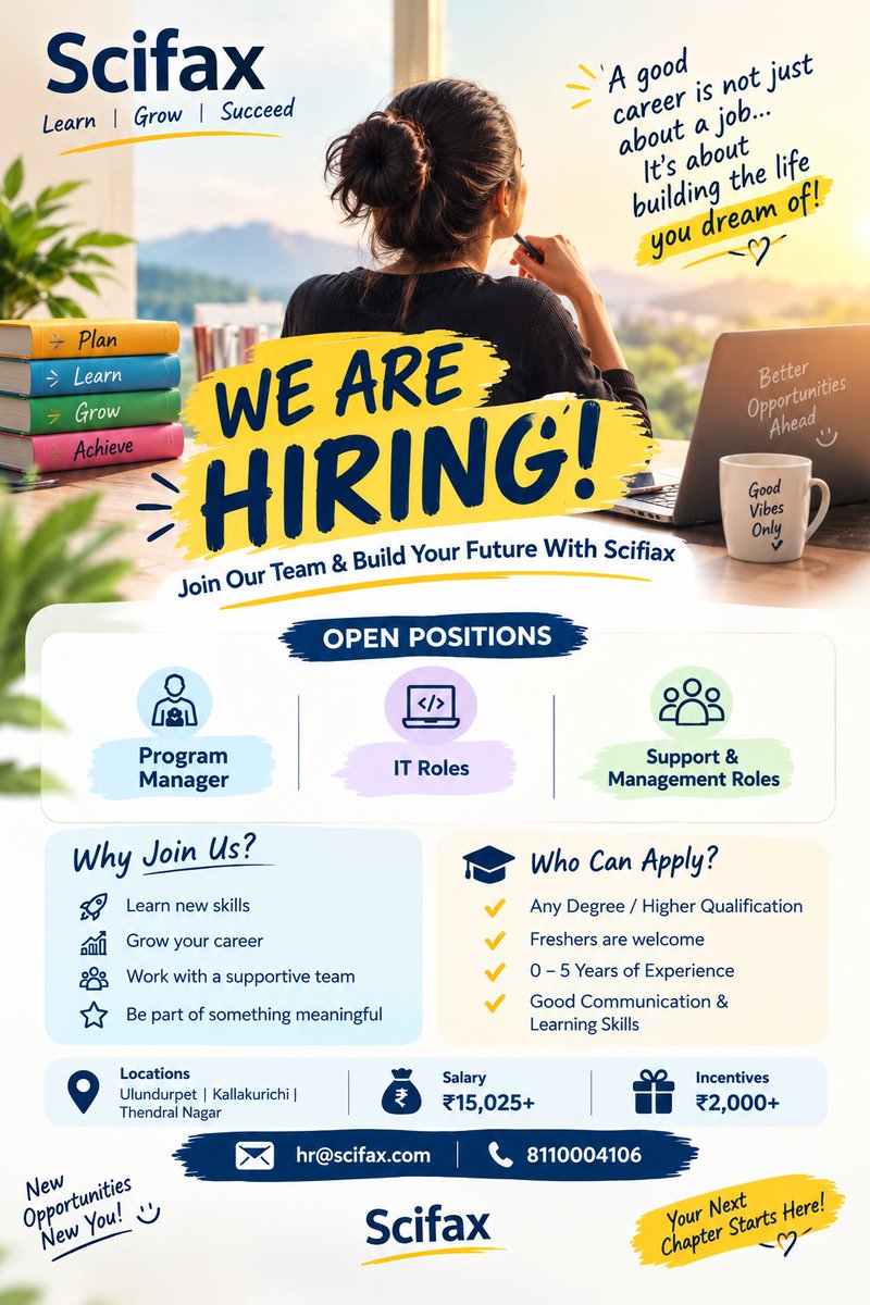 Scifaxoffice's tweet photo. We’re Hiring – Program Manager at Scifax! 💼

👨‍💼 Role: Program Manager
📍 Locations: Multiple Branches
🕘 Work Hours: 9:00 AM – 5:00 PM
🌟 Eligibility: Freshers &amp; Experienced (0–5 Years)

📧 Send your CV to: hr@scifax.com
📞 Phone: +91 81100 04106

✨ Apply Today https://t.co/sA5jUsOLgx