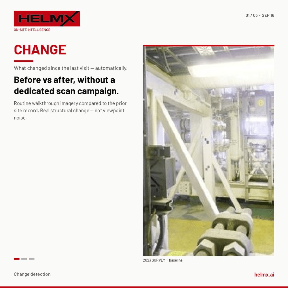 helmxai's tweet photo. What changed since the last visit — automatically.

10× separation between real change and viewpoint noise.

Routine walk → flagged change on the asset. https://t.co/MYAgcsQDYc