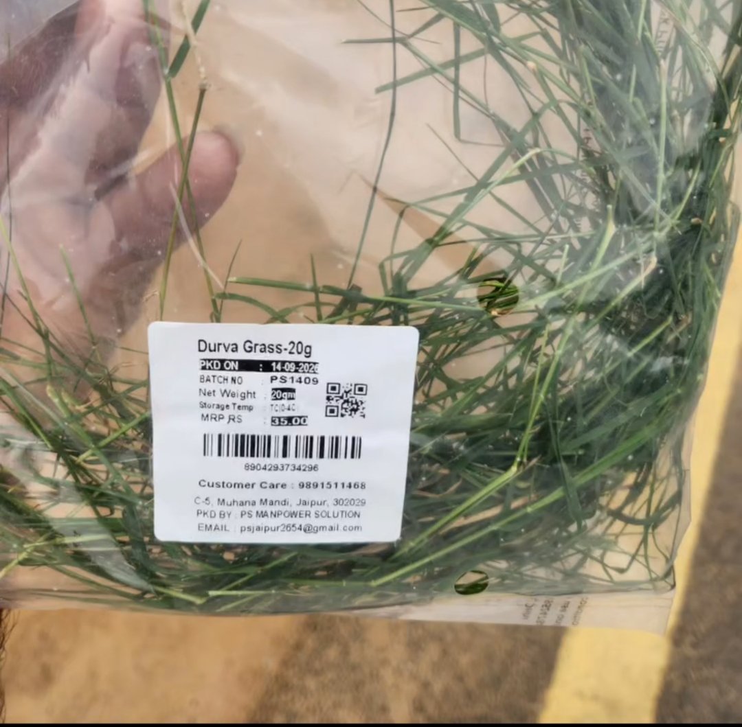 SantaniSubhajit's tweet photo. Seeing this, you too will say that nothing in this world is useless and people are short of money. 

Price of 20g Durva Grass is ₹35 😭

People are ordering this online too.🤦😭 https://t.co/dHPno9MoZ5