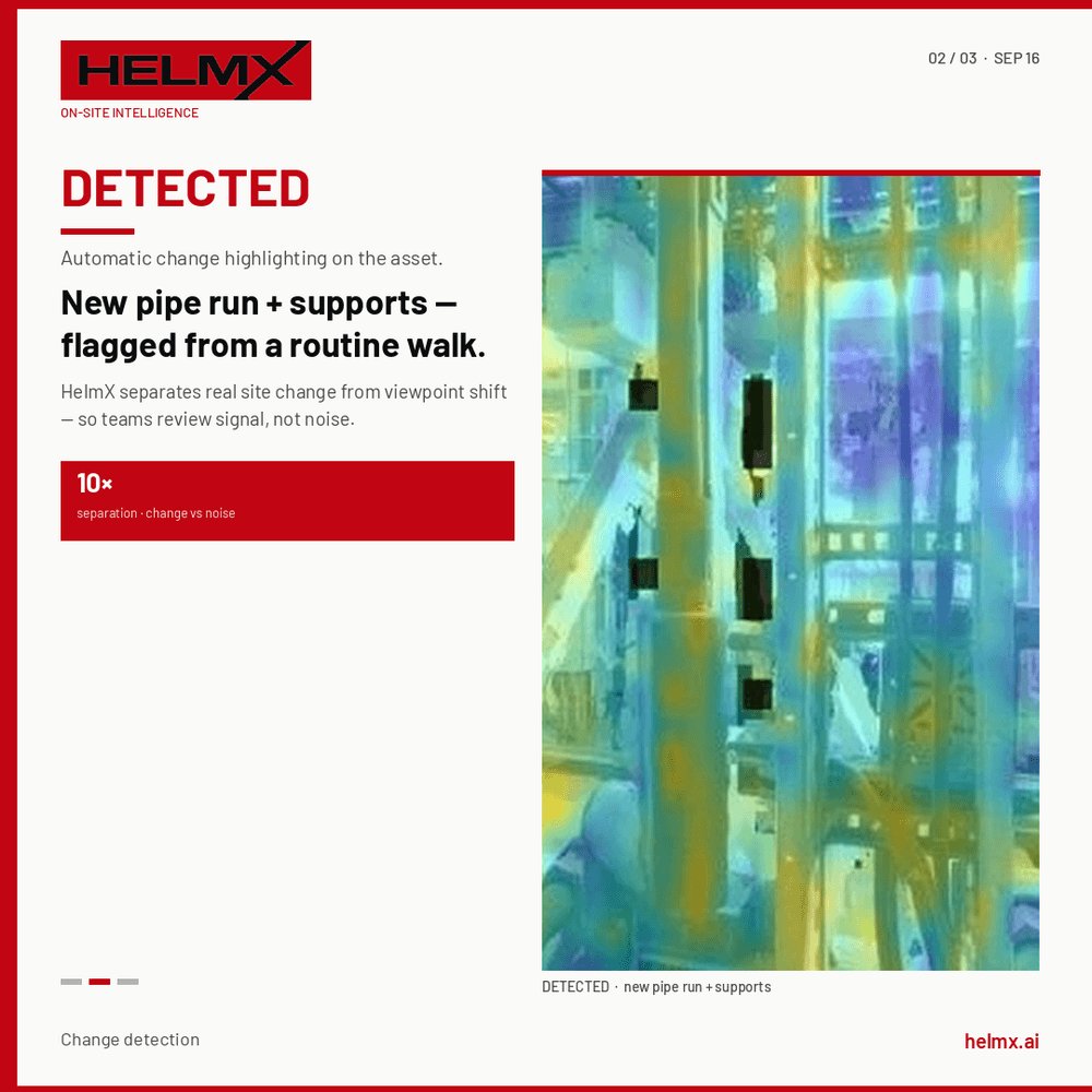 helmxai's tweet photo. What changed since the last visit — automatically.

10× separation between real change and viewpoint noise.

Routine walk → flagged change on the asset. https://t.co/MYAgcsQDYc