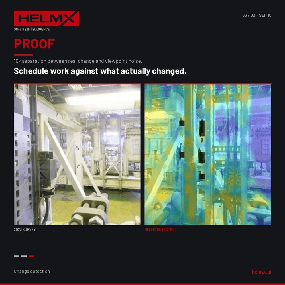 helmxai's tweet photo. What changed since the last visit — automatically.

10× separation between real change and viewpoint noise.

Routine walk → flagged change on the asset. https://t.co/MYAgcsQDYc