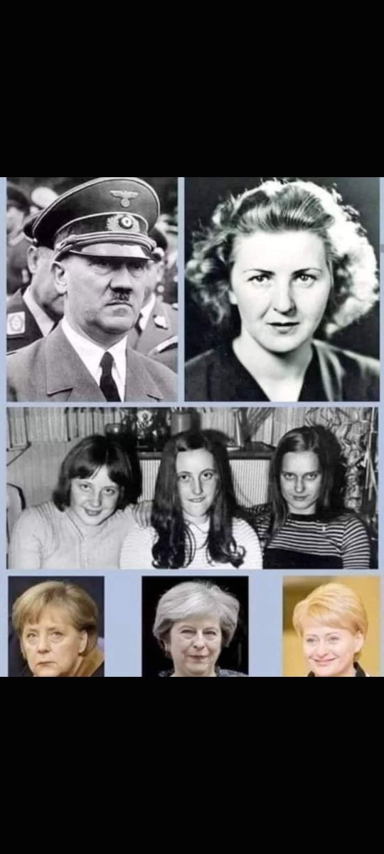 APosture's tweet photo. Un peu d'histoire bien enfouie au fond des placards.  💥

Le renseignement Russe a fourni la preuve que non seulement la Chancelière Allemande Angela Merkel, mais également le Premier Ministre Britannique Theresa May et la Présidente Lituanienne Dalia Grybauskaite sont « toutes trois des filles biologiques de Hitler Rothschild et des Kasner », Salomon Rothschild était l’amant d’Anna Maria Schicklgruber, leur fils Aloïs Rothschild épousa Klara Pölzl Hitler qui donna naissance aux bébés à Braunau-sur-Inn d’où est également originaire le Pape Benoît XVI qui fait partie de la même lignée familiale », selon les sources. Comme preuve, elles ont fourni cette photographie représentant les trois femmes à l’époque de leur formation de dirigeantes à l’institut de contrôle mental Tavistock.  

Nous n'avons pas gagné la Seconde Guerre mondiale. Nous l'avons perdue à cause des nazis. Ils se sont retirés pour se regrouper et s'infiltrer autour du monde. Hitler n'est pas mort dans un bunker en 1944, c'était son majordome qui était aussi son double. Il s'est enfui en Argentine avec d'autres membres de la famille SS, où il est mort dans un accident de voiture en 1957, Eva Braun avait une fille, Ann, née en 1942. Eva et Adolf avaient 3 autres filles qui ont été emmenées en Allemagne pour grandir dans la mère patrie, elles s'appellent Angela, Theresa et Dalia. 
Le FBI a dissimulé la survie d'Adolf Hitler : D'autres nazis se sont enfuis en Antarctique où ils avaient une base sous la glace. Les nazis avaient des objets volants ( on les appellerait les OVNI ) qui pouvaient voler de pôle à pôle en moins de 30 minutes. Beaucoup de scientifiques, des nazis ont été amenés emmenés en Amérique avec de faux noms et embauchés par le gouvernement pour fournir leurs connaissances technologiques. 
Les États-Unis pensaient qu'il valait mieux qu'ils les aient que les Russes. 

Cela s'appelait l'Opération Paperclip.

Après la mort d'Hitler en Argentine en 1957, Eva Braun a changé son nom en Madelyn Lee Payne, a pris sa fille Ann et a déménagé aux États-Unis. Elle a épousé Stanley Dunham et son nom a été changé en Madelyn Dunham. Ann est devenue Stanley Ann Dunham. Ann avait 19 ans quand elle est tombée enceinte d'un citoyen Kenyan nommé Barack Obama. Elle a déménagé au Kenya.  
Avec le temps, elle a réalisé que l'homme qu'elle épousait était déjà marié et elle revint en Amérique avec son fils. Peu de temps après son retour en Amérique, elle a épousé Lolo Soetoro et a eu un deuxième enfant, la fille Maya. Hitler était un Rothschild. Sa mère était Klara Polzi, qui était une servante dans la maison autrichienne de Salomon Meyer Rothschild, où elle est tombée enceinte de lui. Elle est retournée en Allemagne pour donner naissance à Adolf et s'est mariée plus tard à Alois Schicklgruber, qui a ensuite changé son nom en Hitler. Les lignées sont très importantes pour les Illuminati et ils ont de nombreux enfants et des enfants illégitimes pour répandre au maximum leurs lignées.
Considérons Barry Soetoro. Si vous m'avez suivi jusqu'à présent, votre appétit devrait être aiguisé. Barry Soetoro = Barack Obama II = Petit-fils du Hitler = Rothschild par le sang. Cela pourrait expliquer pourquoi sa tante Angela Merkel, chancelière d'Allemagne, l'a embrassé et l'a regardé avec amour lors d'une visite là-bas.  
Ces deux autres tantes sont Theresa May, ancien premier ministre du Royaume-Uni et Dalia Grybauskaite, président de la Lituanie. 
Le plan d'Hitler pour un 3ème Reich s'est transformé en 4ème empire aujourd'hui et sa progéniture a été placée dans des pays stratégiques pour faire avancer l'ordre mondial des Illuminati.  

NWO = Nazi et c'est ce que Trump empêche !   💥

#Nazi   #NouvelOrdreMondial   #Paperclip
