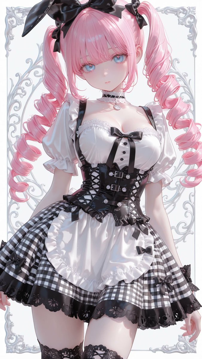AliceLavli's tweet photo. 黒白ギンガムチェックのコルセットメイド服の衣装プロンプトをどうぞ✨
outfit only, strict black-and-white color placement, one-piece short dress, black-and-white large gingham-check bodice and skirt, square sweetheart neckline bordered with white gathered lace, short black puff sleeves with white lace cuffs and small black ribbon bows, black bow centered on the chest, fitted solid-black underbust corset integrated into the dress, pointed corset hem, black front crisscross lacing through silver eyelets, full flared upper-thigh skirt with three gathered gingham tiers, each tier separated by wide black floral lace, broad black scalloped lace hem, white ruffled neck choker with a black ribbon bow, matching black lace wrist cuffs, opaque fabrics, symmetrical design, fair porcelain skin with a cool pale undertone