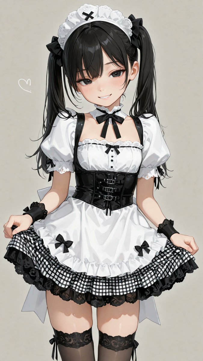 AliceLavli's tweet photo. 黒白ギンガムチェックのコルセットメイド服の衣装プロンプトをどうぞ✨
outfit only, strict black-and-white color placement, one-piece short dress, black-and-white large gingham-check bodice and skirt, square sweetheart neckline bordered with white gathered lace, short black puff sleeves with white lace cuffs and small black ribbon bows, black bow centered on the chest, fitted solid-black underbust corset integrated into the dress, pointed corset hem, black front crisscross lacing through silver eyelets, full flared upper-thigh skirt with three gathered gingham tiers, each tier separated by wide black floral lace, broad black scalloped lace hem, white ruffled neck choker with a black ribbon bow, matching black lace wrist cuffs, opaque fabrics, symmetrical design, fair porcelain skin with a cool pale undertone