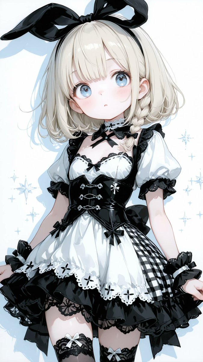 AliceLavli's tweet photo. 黒白ギンガムチェックのコルセットメイド服の衣装プロンプトをどうぞ✨
outfit only, strict black-and-white color placement, one-piece short dress, black-and-white large gingham-check bodice and skirt, square sweetheart neckline bordered with white gathered lace, short black puff sleeves with white lace cuffs and small black ribbon bows, black bow centered on the chest, fitted solid-black underbust corset integrated into the dress, pointed corset hem, black front crisscross lacing through silver eyelets, full flared upper-thigh skirt with three gathered gingham tiers, each tier separated by wide black floral lace, broad black scalloped lace hem, white ruffled neck choker with a black ribbon bow, matching black lace wrist cuffs, opaque fabrics, symmetrical design, fair porcelain skin with a cool pale undertone