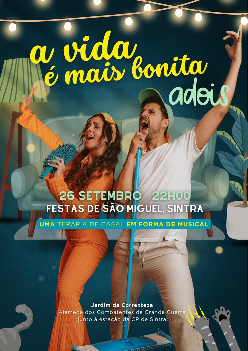 projacorent's tweet photo. adois · Festas de São Miguel, Sintra

A vida é mais bonita adois
Uma terapia de casal em forma de musical

26 set · 22h00
Jardim da Correnteza (junto à estação CP de Sintra) https://t.co/NpKTs2MRR8