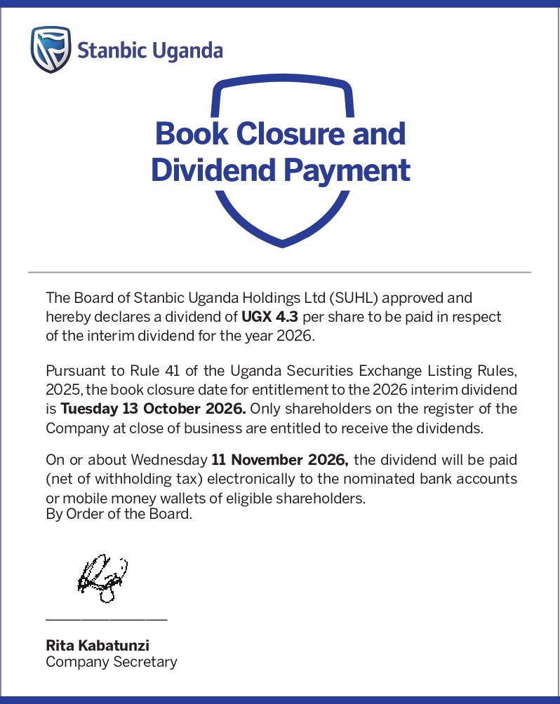 USEUganda's tweet photo. NOTICE: @stanbicug have declared an interim dividend of UGX 4.3 per share to be paid on or about Wednesday 11th November 2026. The book closure date for entitlement to this dividend is Tuesday 13th October 2026.

For more information, please follow the link to our website: https://t.co/lfiEA57c9o