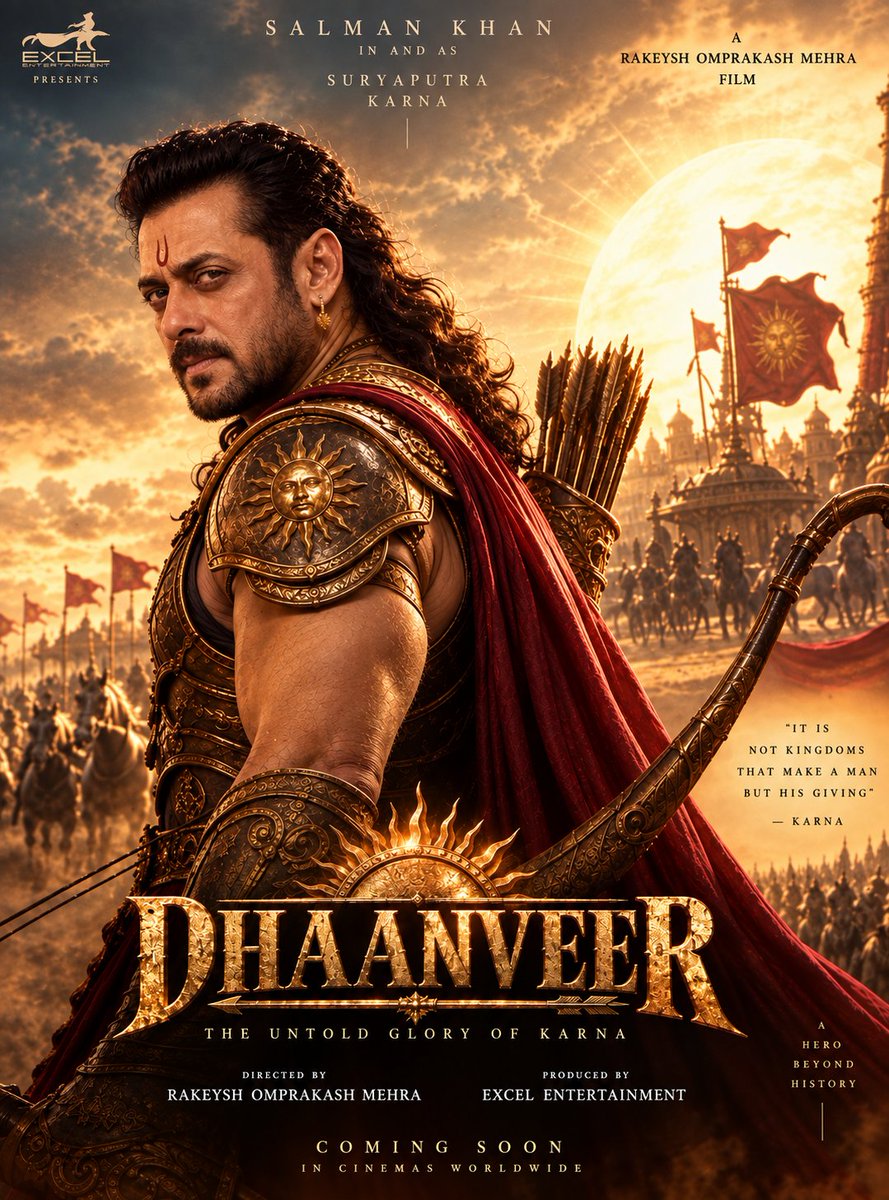 RadhaCharanDaas's tweet photo. 🚨 BIGGEST BREAKING 🚨
Salman Khan JOINS Rakesh Omprakash Mehra for #SuryaputraKarna

Title: #Dhaanveer
✅ Final narration GREEN SIGNAL
✅ Pre-production: November 2026
✅ Shoot: August 2027
✅ Produced by Excel Entertainment

Epic mode ON🔥

#Dhaanveer #SalmanKhan #trendingréels https://t.co/uZQ6SYTHIm