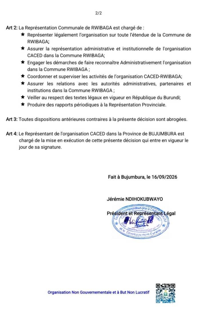 caced_ong's tweet photo. 🇧🇮Le Président et R.I de @caced_ong a signé, ce 16/09/2026, une décision portant désignation des représentants dans la commune de #Rwibaga de @Bujaprov2025 . Cette décision vise à renforcer la représentation et le suivi des activités.
@ijambo_finance @IRI_Magazine26 @IRI_MAGAZINE https://t.co/6ZC7YdLdXM