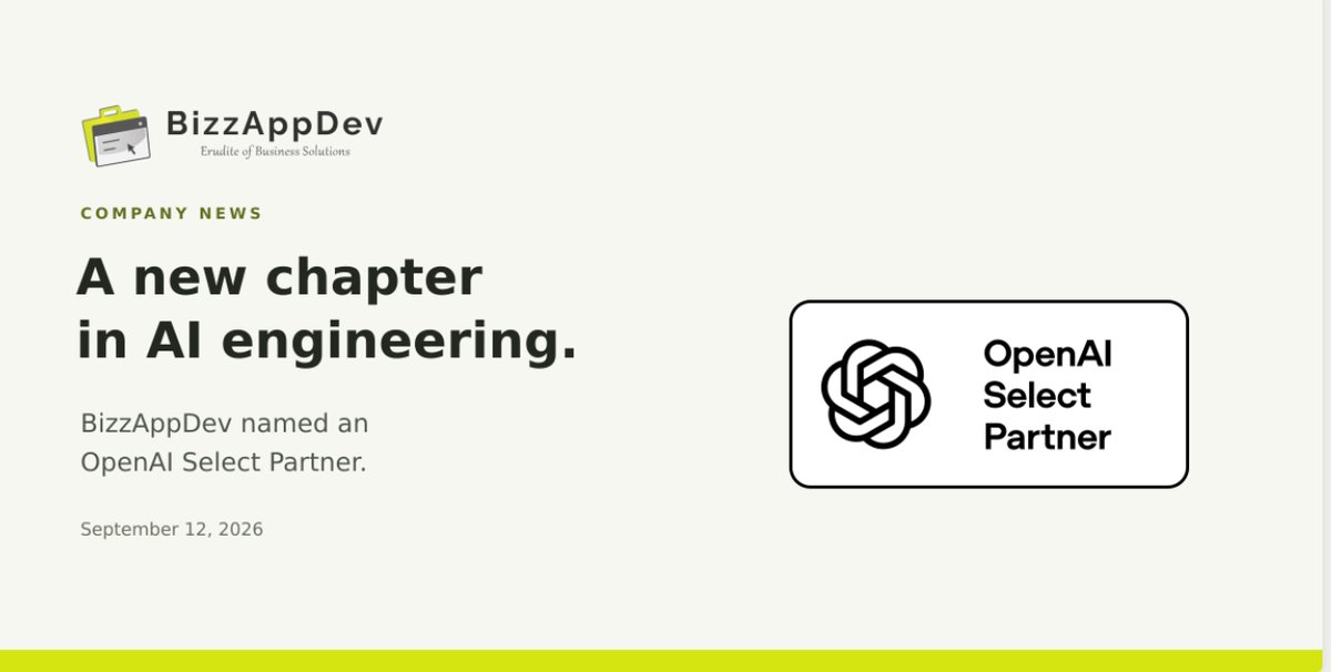 BizzAppDev's tweet photo. A new chapter in AI engineering. 🚀

BizzAppDev is an OpenAI Select Partner.

We help businesses put AI to work, from ChatGPT adoption and Codex development to custom AI apps and ERP integrations.

Business systems expertise since 2012.
AI project? DM us.
https://t.co/qB0zC6pECp https://t.co/h07sTDWIYM