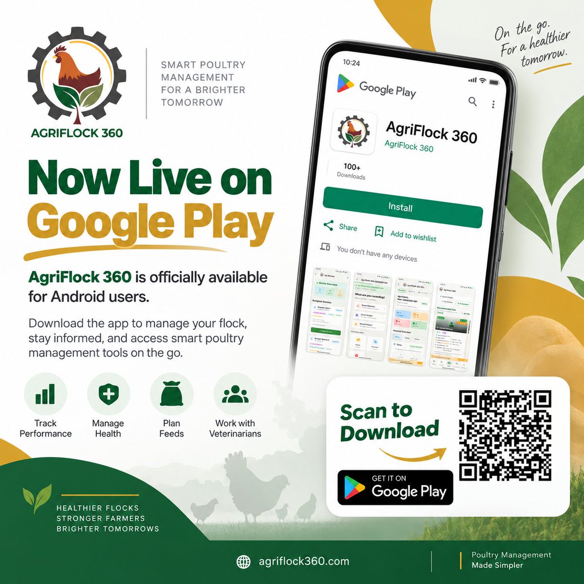 agriflock360's tweet photo. Good news — AgriFlock 360 is now live on Google Play 🎉

Android users can now download the app and access smarter poultry management tools on the go.

Scan the QR code on the poster or learn more here: https://t.co/6EoW99EHDH

#Agritech #PoultryFarming #GooglePlay #SmartFarming https://t.co/6nQFh7fIrJ