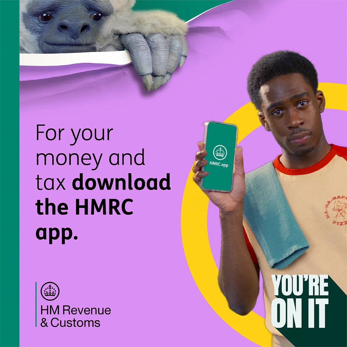 Promotional image showing a person holding a smartphone displaying the HMRC app, with an overlay of a yeti's paw on one side, and text encouraging to download the app for money and tax management. Logo of HM Revenue and Customs at the bottom.