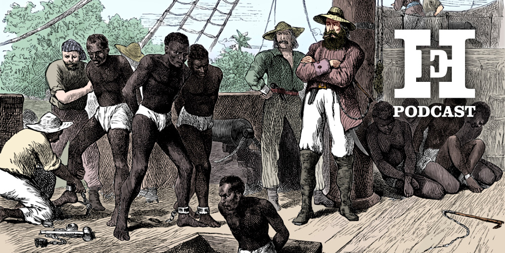 This is an illustration of enslaved people being forced onto a slave trading ship. In the top right corner is a HistoryExtra podcast logo.