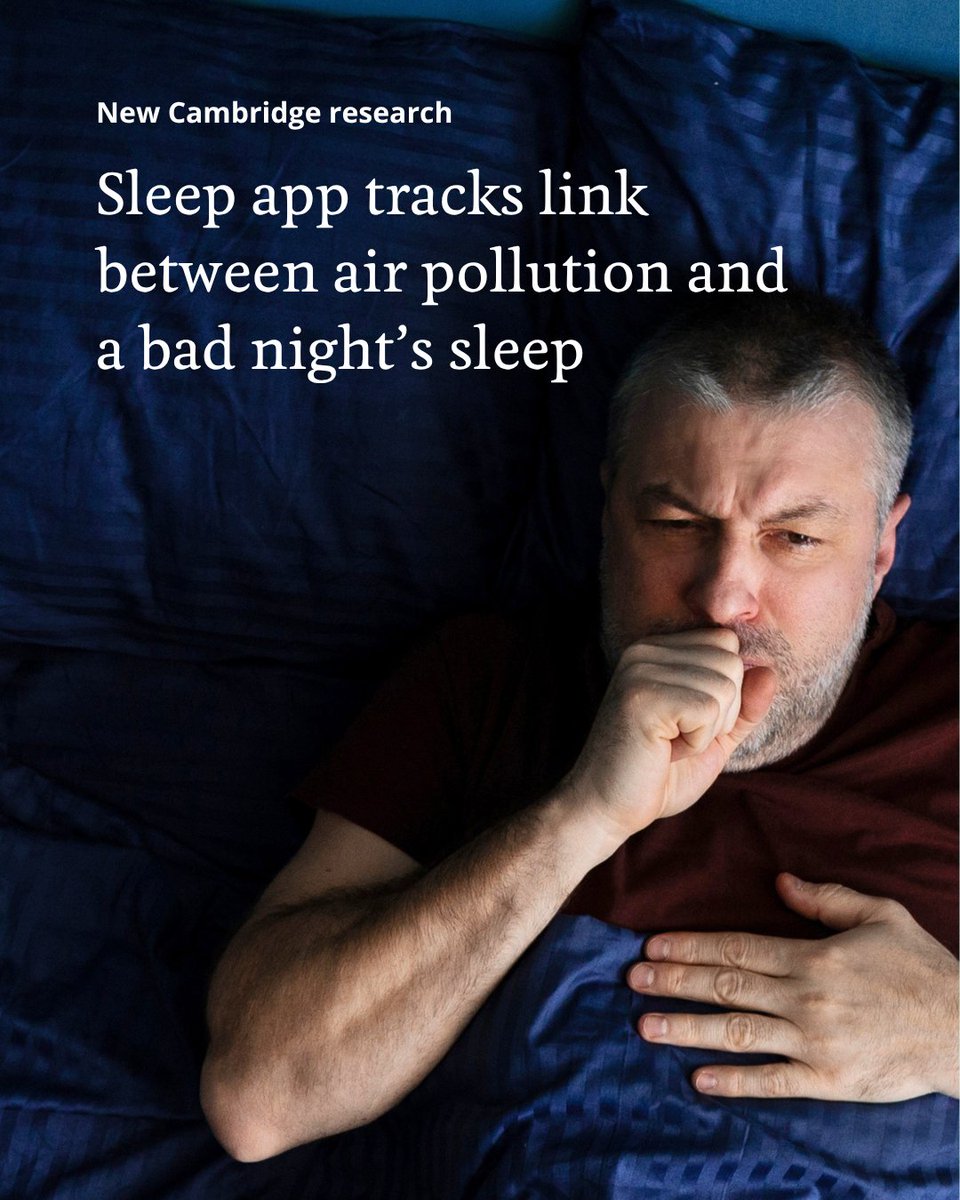 A person is lying on a blue bed, coughing. Text on the image reads, "New Cambridge research: Sleep app tracks link between air pollution and a bad night's sleep".