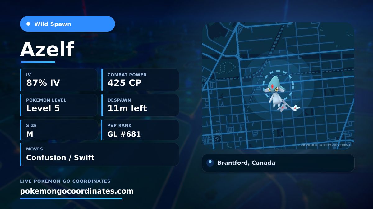 CoordsPokemonGo's tweet photo. A Lake Trio #Azelf appeared!
✨ 87% IV • 425 CP • Level 5
⏱️ Despawns in 11m
📍 43.146151,-80.254740
#RareSpawn • #PokemonGO https://t.co/VVUFlLjNb8
