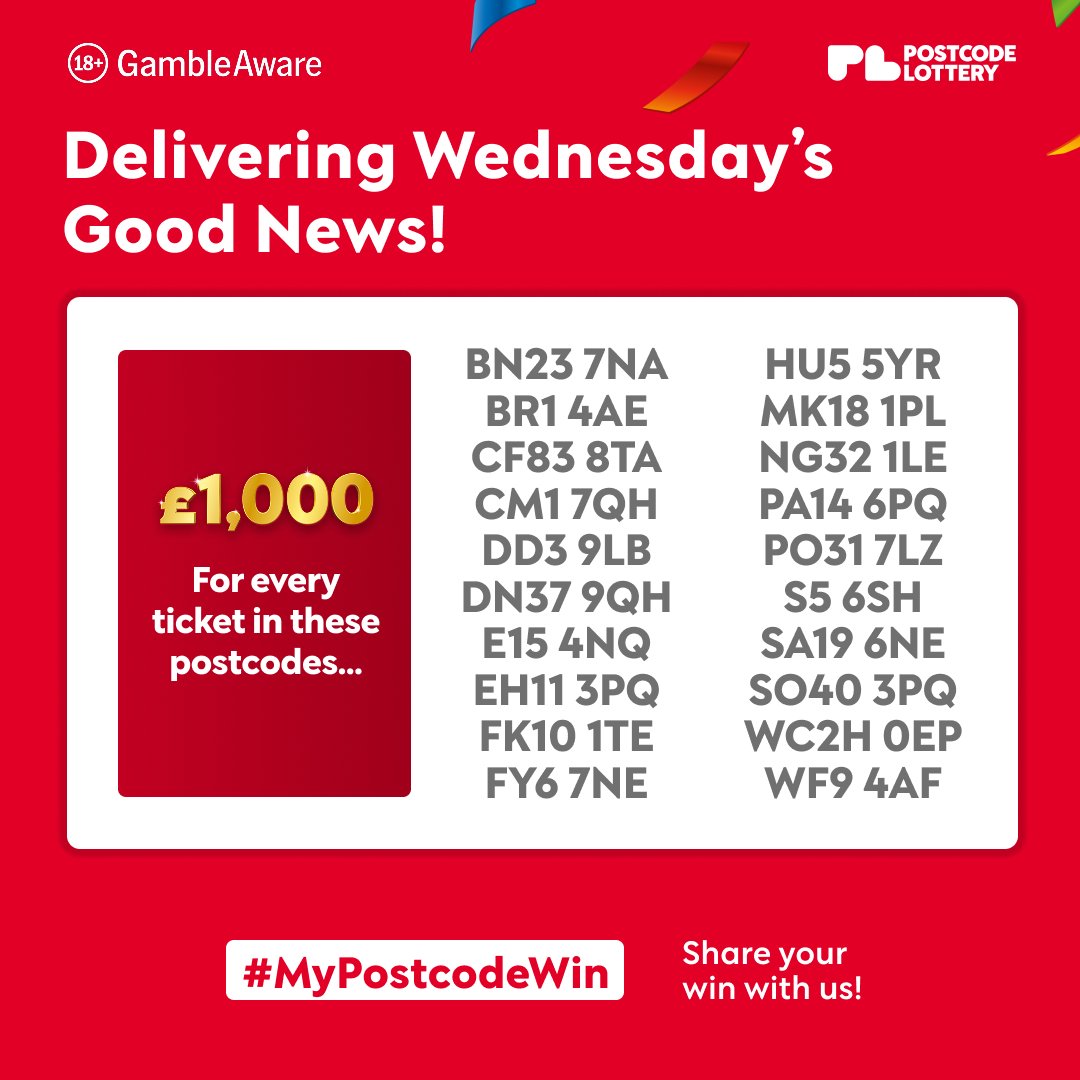 PostcodeLottery's tweet photo. Be serious for one second… £1,000 per ticket?! 😭
That’s exactly what those in these TWENTY postcodes have won in today’s Daily Prize 💷 We’d need at least three business days to stop talking about it. Huge congratulations to everyone 🎉 https://t.co/P0gy3dPsit