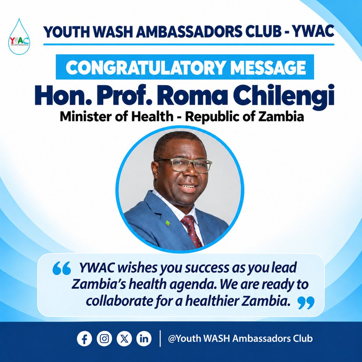 YouthWASHZM's tweet photo. Congratulations to Hon. Prof. Roma Chilengi on his appointment as Minister of Health, Republic of Zambia. 🇿🇲

YWAC wishes you success in leading Zambia’s health agenda. We look forward to meaningful collaboration for a healthier Zambia.
#YWAC #WASH #Zambia
@mohzambia https://t.co/JZWpu7xASi