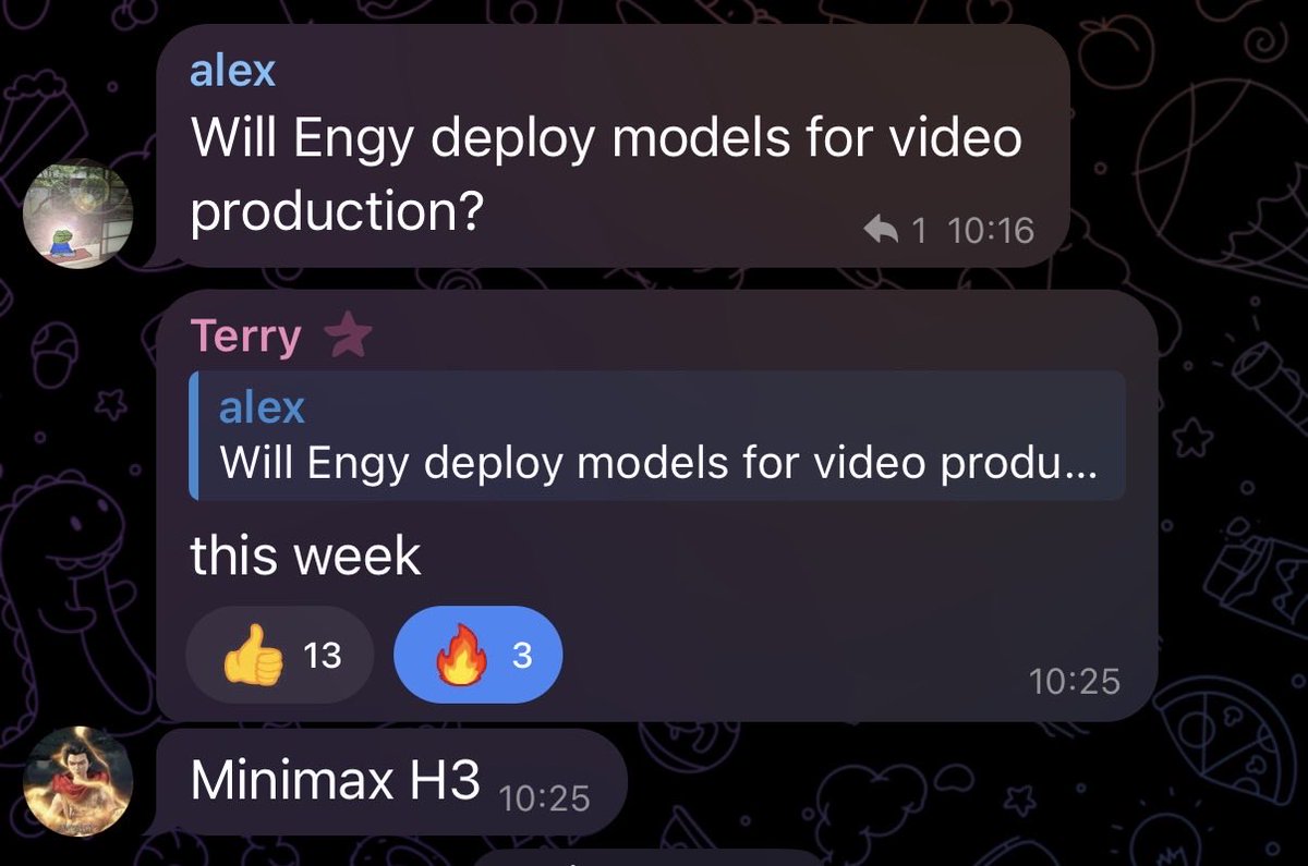 _joncipher's tweet photo. 💫 ENGY SN53 – THIS WEEK 💫
Asked if Engy would deploy models for video production.
Terry: this week.
Then the name: MiniMax H3.
Not a whitepaper. A date.
Read the signal.
$TAO $SOL $AI
#Bittensor #TAO #AI #DecentralizedAI #SN53 #Engy #DeepSeek #Inference #Crypto #Web3 #Solana #MiniMax