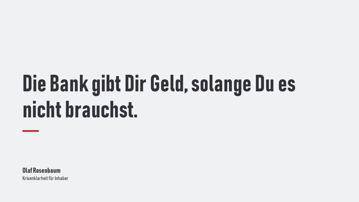 orosenbaum's tweet photo. Die Bank gibt Dir Geld, solange Du es nicht brauchst. Brauchst Du es, gibt sie keins.
Was folgt:
1. Früher wissen, dass Du Geld brauchst
2. Plan-Zahlen für 12 Monate
3. Jeden Monat Ist-Zahlen dagegen
4. Trend sehen, bevor die Pfändung kommt

Wer planlos läuft, knallt an die Wand. https://t.co/FqUgDHcw0Y