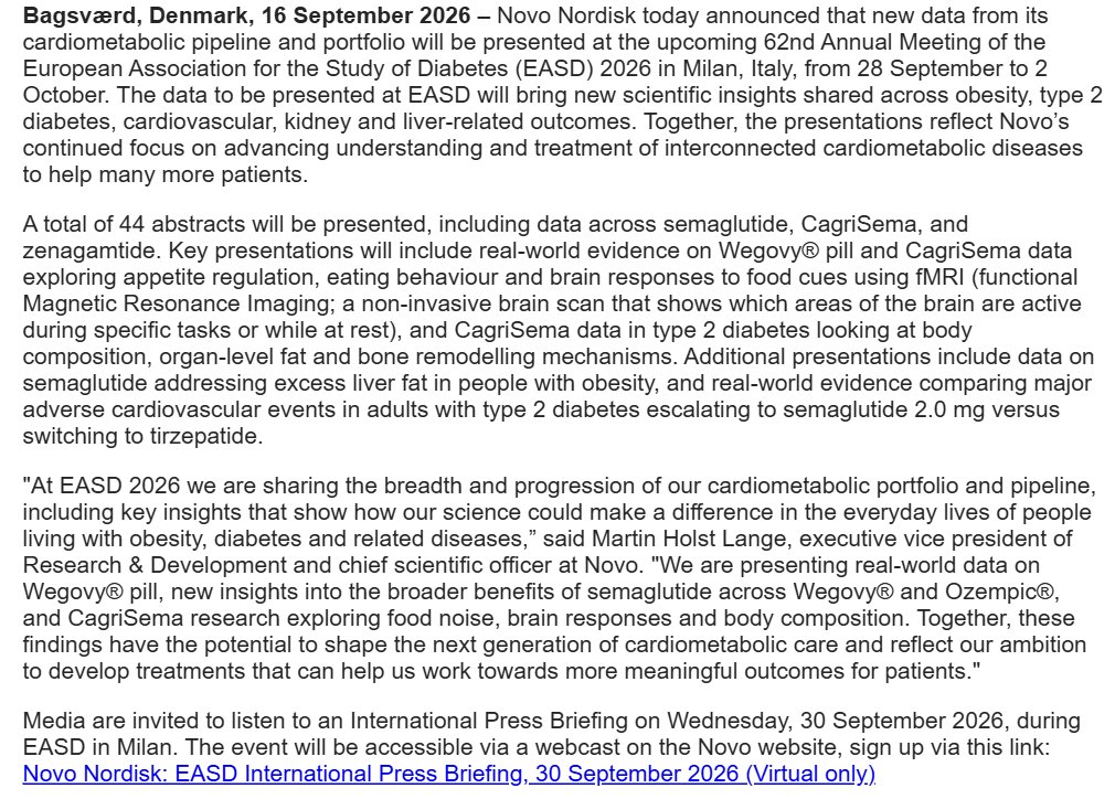 Aktieland's tweet photo. JUST IN: The $NVO story is getting broader. 44 EASD presentations covering Wegovy pill, CagriSema, zenagamtide, diabetes, cardiovascular, kidney and liver disease. This is much more than a weight-loss company. https://t.co/HYCnv9yH5A