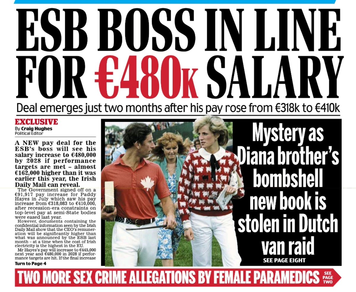 caulmick's tweet photo. A NEW pay deal for the ESB's boss will see his salary increase to €480,000 by 2028 if performance targets are met - almost €162,000 higher than it was earlier this year, the Irish Daily Mail can reveal.-@TheNewsHughes
The Government signed off on a €91,917 pay increase for Paddy Hayes in July which saw his pay increase from €318,083 to €410,000. after recession-era constraints on top-level pay at semi-State bodies were eased last year.
#CostofLivingCrisis #Electricity #HowIrelandWorks #FFg
@irishdailymail #ESB