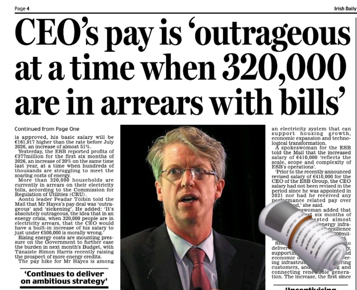 caulmick's tweet photo. A NEW pay deal for the ESB's boss will see his salary increase to €480,000 by 2028 if performance targets are met - almost €162,000 higher than it was earlier this year, the Irish Daily Mail can reveal.-@TheNewsHughes
The Government signed off on a €91,917 pay increase for Paddy Hayes in July which saw his pay increase from €318,083 to €410,000. after recession-era constraints on top-level pay at semi-State bodies were eased last year.
#CostofLivingCrisis #Electricity #HowIrelandWorks #FFg
@irishdailymail #ESB