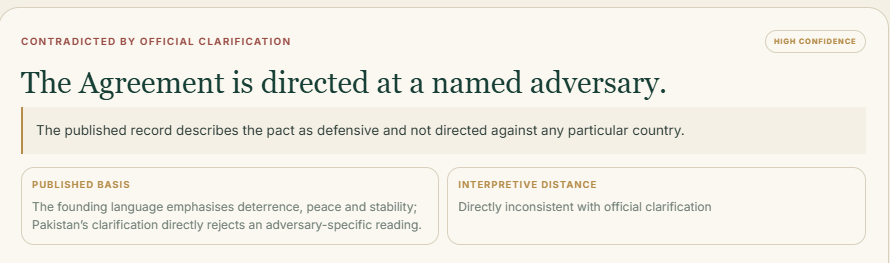 Makkah Alliance public-record assessment showing that the agreement has not been presented as an alliance against a specific country. The framework highlights the founders’ defensive framing, which allows Pakistan to support Saudi security while maintaining diplomatic channels with Iran and other regional actors.