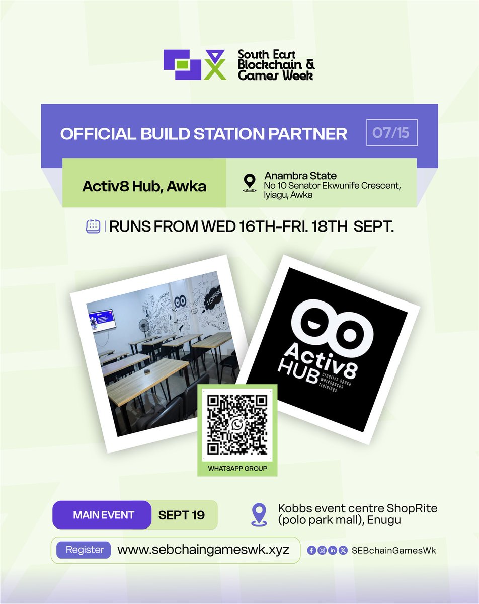 chudy_jnr's tweet photo. It’s been weeks of planning! Finally, @SEBchainGamesWK kicks off today, with a distributed model thru 16-18th Sept, then finale in Enugu on 19th

Meet the 15 hubs we’ve partnered with as build stations across 8 states 

⁠Enugu state build station/Hub 1 (The Block Hive, Opp UNN Main Gate, Nsukka)
- ⁠Enugu state build station/Hub 2 (Enugu Digital Skill Enhancement Zone, Ontop Cafe One Enugu)
- ⁠⁠Enugu state build station/Hub 3 (Blockchain Hub Africa, Enugu)

Anambra state build station 1 (Activ8 Hub, Awka)
- ⁠Anambra state build station 2 (Ice Hub, Nnewi)
- ⁠Anambra state build station 3 (Ifexa Grid, Executive Mall NTA GATE, Trans Nkisi GRA, Onitsha

Imo state build station (Upskill School Of Technology, Alvan Ikoku Fed Uni, Owerri)

⁠Abia state build station/Hub 1 (Rad5 Hub, Aba)
- ⁠Abia state build station 2 (Abia Tech Hub, Umuahia)

⁠Ebonyi State build station/Hub 1 (Spella Hub, Abakaliki)
- ⁠Ebonyi state build station/Hub 2 (One Youth Global Hub, EBSU)

⁠Rivers state build station/Hub 1 (Daimyo's Hub, UNIPORT mall Abuja park, PH)
- ⁠Rivers state build station/Hub 2 (Renaissance Innovation Labs, Ada-George Rd, Mgbuoba, PH)

⁠Delta state Build Station/Hub 1 (7 Iwezue Street, Boji Boji Owa / Agbor) 

⁠Benue state Build station/Hub (ICT Center, Benue state University - Fr Moses Adasu University, Makurdi)