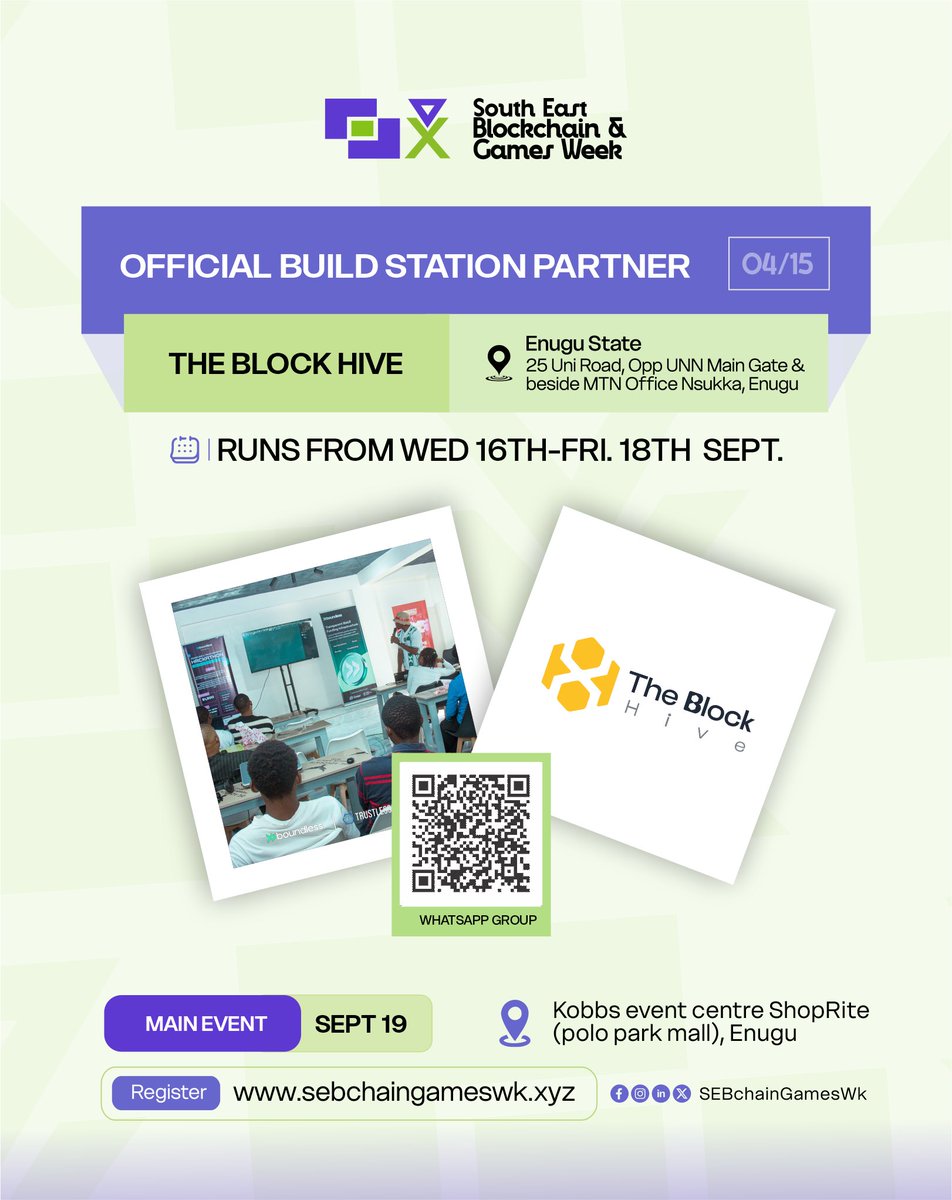 chudy_jnr's tweet photo. It’s been weeks of planning! Finally, @SEBchainGamesWK kicks off today, with a distributed model thru 16-18th Sept, then finale in Enugu on 19th

Meet the 15 hubs we’ve partnered with as build stations across 8 states 

⁠Enugu state build station/Hub 1 (The Block Hive, Opp UNN Main Gate, Nsukka)
- ⁠Enugu state build station/Hub 2 (Enugu Digital Skill Enhancement Zone, Ontop Cafe One Enugu)
- ⁠⁠Enugu state build station/Hub 3 (Blockchain Hub Africa, Enugu)

Anambra state build station 1 (Activ8 Hub, Awka)
- ⁠Anambra state build station 2 (Ice Hub, Nnewi)
- ⁠Anambra state build station 3 (Ifexa Grid, Executive Mall NTA GATE, Trans Nkisi GRA, Onitsha

Imo state build station (Upskill School Of Technology, Alvan Ikoku Fed Uni, Owerri)

⁠Abia state build station/Hub 1 (Rad5 Hub, Aba)
- ⁠Abia state build station 2 (Abia Tech Hub, Umuahia)

⁠Ebonyi State build station/Hub 1 (Spella Hub, Abakaliki)
- ⁠Ebonyi state build station/Hub 2 (One Youth Global Hub, EBSU)

⁠Rivers state build station/Hub 1 (Daimyo's Hub, UNIPORT mall Abuja park, PH)
- ⁠Rivers state build station/Hub 2 (Renaissance Innovation Labs, Ada-George Rd, Mgbuoba, PH)

⁠Delta state Build Station/Hub 1 (7 Iwezue Street, Boji Boji Owa / Agbor) 

⁠Benue state Build station/Hub (ICT Center, Benue state University - Fr Moses Adasu University, Makurdi)