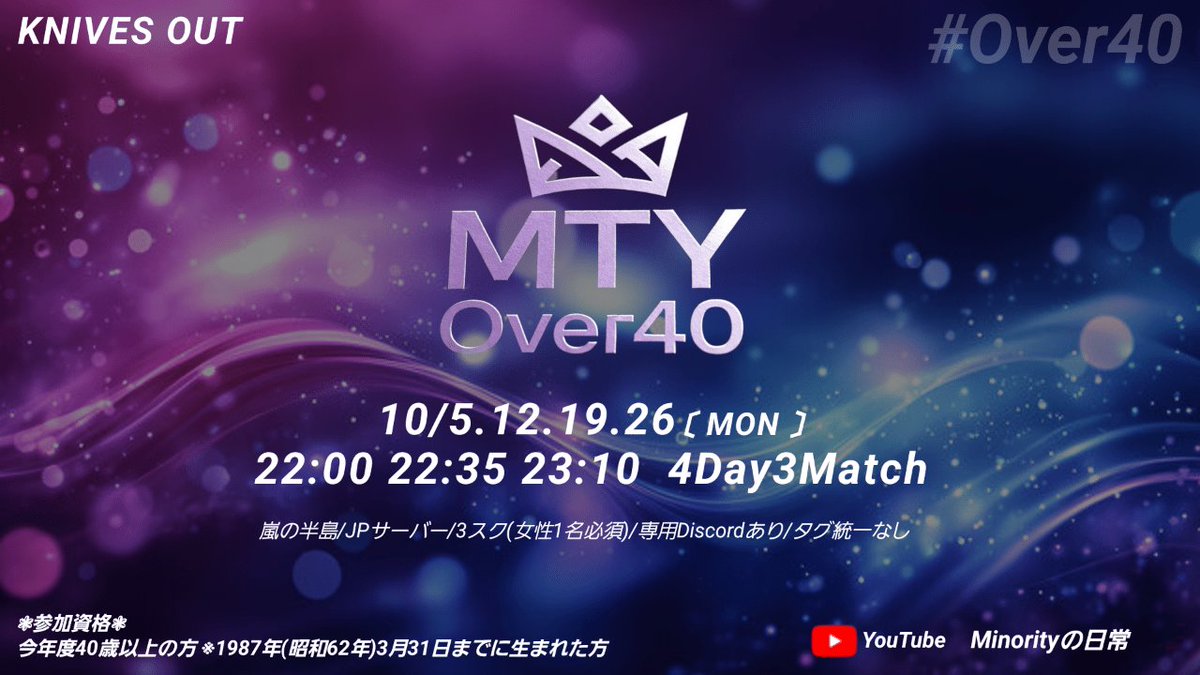 MTY77777's tweet photo. 🐺10月度 MTY Over40🐺

❃毎週月曜日 5.12.19.26
❃22:00/22:35/23:10
❃3スク  🚺1名必須
❃協賛のみ 1000Pay

✍チーム名/読み方/代表者ID
🚹🚺荒野名&amp;X ID(6名まで)
@ne2_aN 巻き込んで応募

❃参加資格
1987年(S62)3/31迄の生まれ
└今年度40歳以上
MTY初参加の方年齢確認あり
#Over40 #リーグ https://t.co/dLulee0aEe