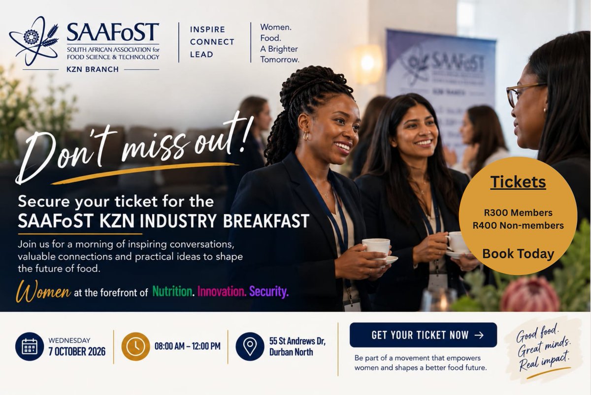 SAAFoSTofficial's tweet photo. Join the SAAFoST KZN Industry Breakfast — inspiring talks, networking &amp; ideas shaping the future of food.

📅 7 Oct | 📍 Durban North 👉 Register by 5 Oct!
https://t.co/91xiSl6VTA

#SAAFoST #FoodScience #WomenInLeadership #FutureOfFood https://t.co/ejFkBoPkBj