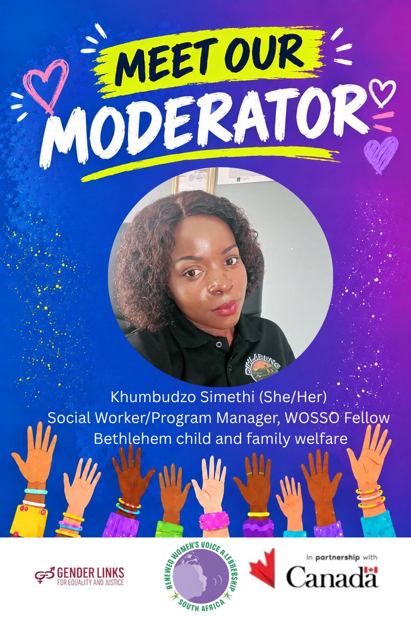 GenderLinks's tweet photo. β¨ MEET OUR MODERATOR! β¨
Khumbudzo Simethi (She/Her) β Social Worker, Program Manager @ Bethlehem Child & Family Welfare & WOSSO Fellow π
Sheβll guide us toward safer, more inclusive communities.
π Register: https://t.co/X4WrrCjJVU
#RWVL #socialjustice #movementbuilding https://t.co/5lmVKeVL9t