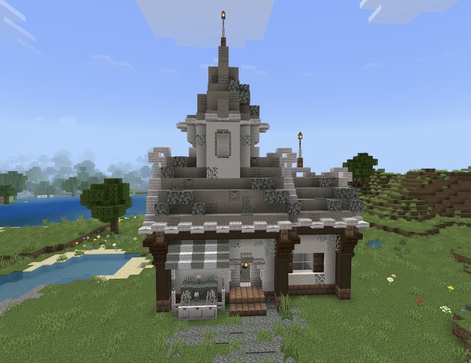 ETrhwx's tweet photo. 樹皮を剥いだポプラの木を屋根に使ってクリエで建築してみた🍁
入口横には羊毛の階段も早速使っ��みた！
滑らかなクォーツと合わせると高級感出る〜

#Minecraft建築コミュ #Minecraftbuilds https://t.co/TCPnO7Mofk